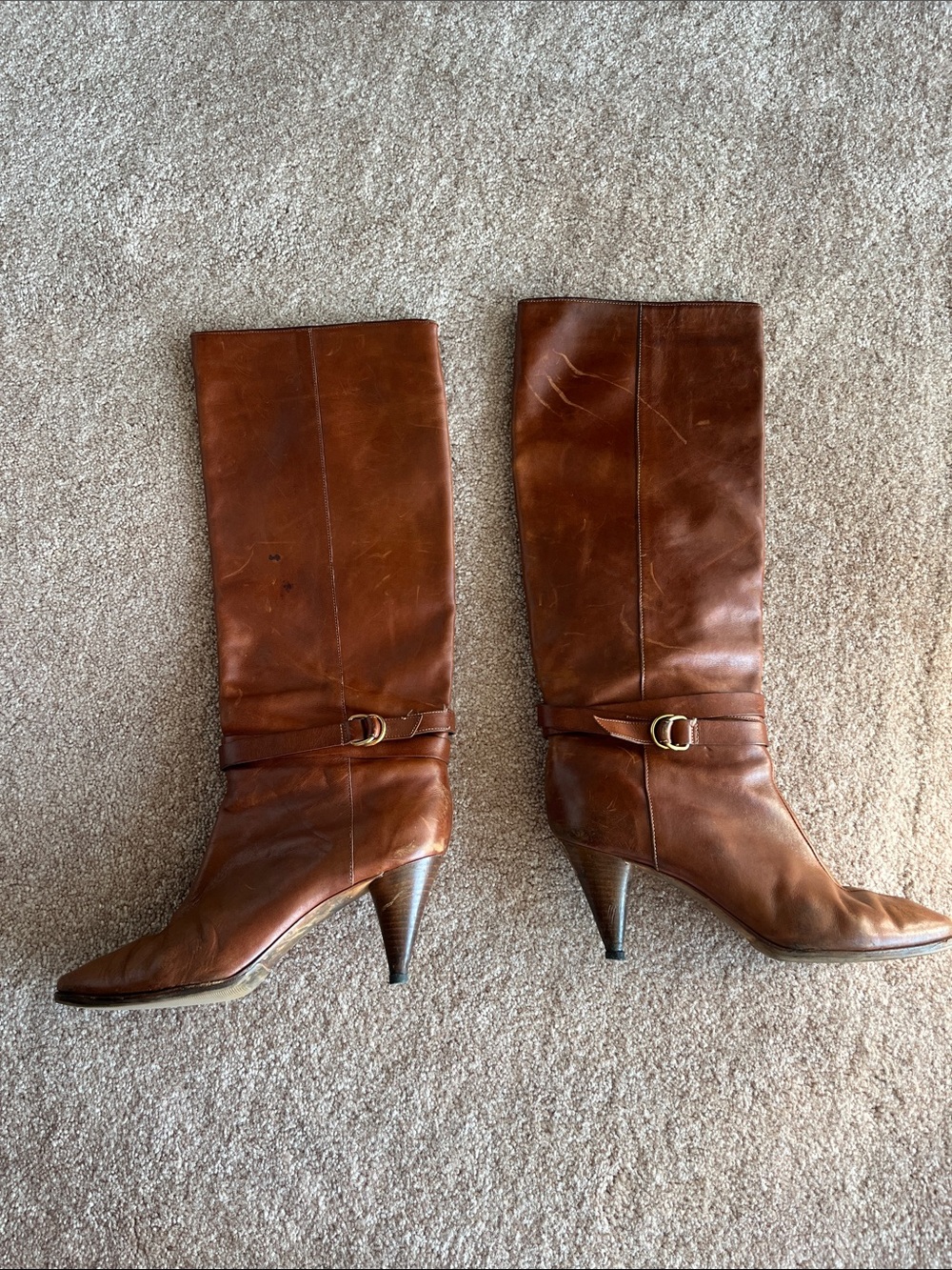 Loeffler Randall Tan Leather Mid-Calf Heeled Boots with Buckle - Picture 1 of 13